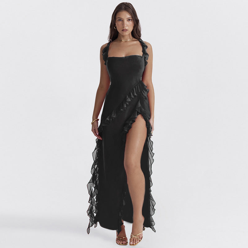 Ruffle Thigh High Split Dress Women Sexy Spaghetti Strap Square Neck Backless Suspender