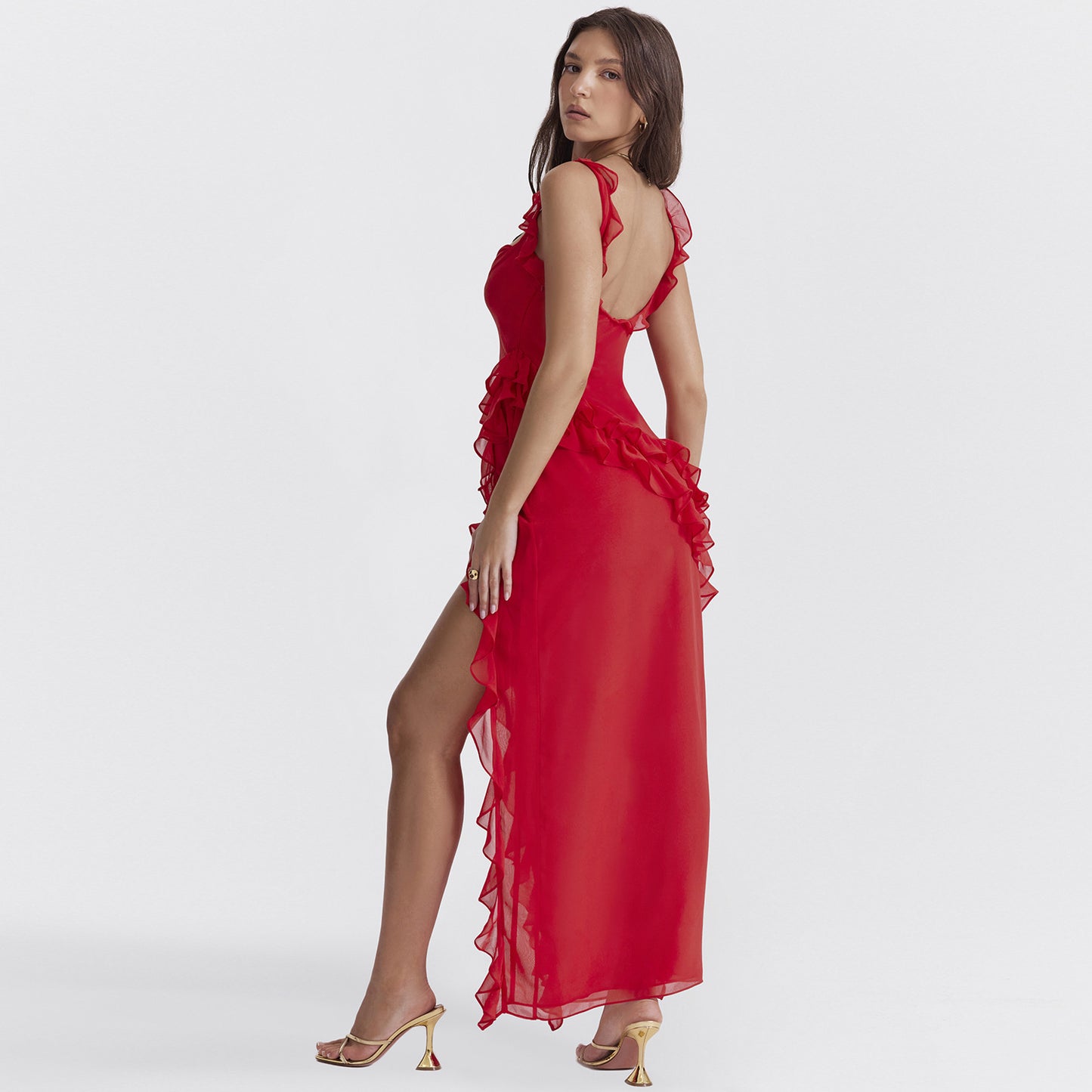 Ruffle Thigh High Split Dress Women Sexy Spaghetti Strap Square Neck Backless Suspender