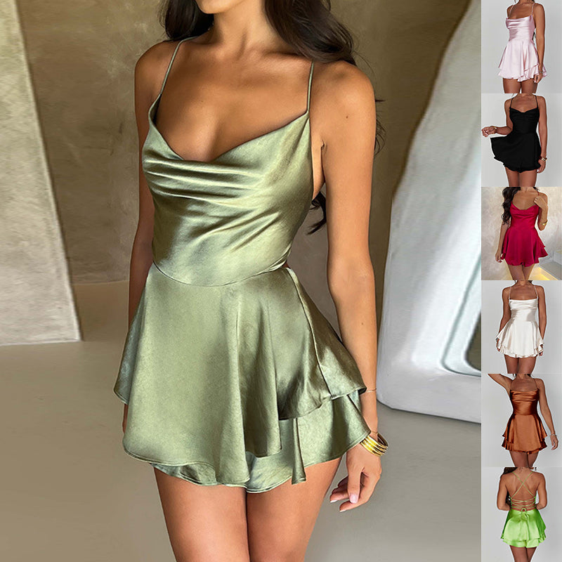 Sexy Suspender Skirt Elegant Slim Strap Satin Backless