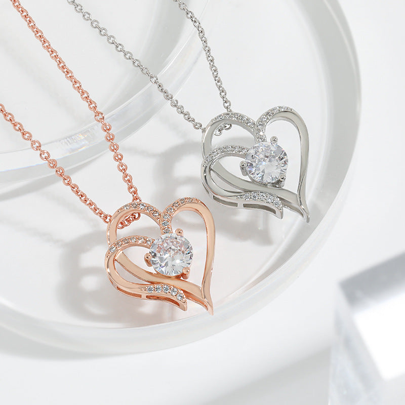 Zircon Double Love Necklace With Rhinestones Ins