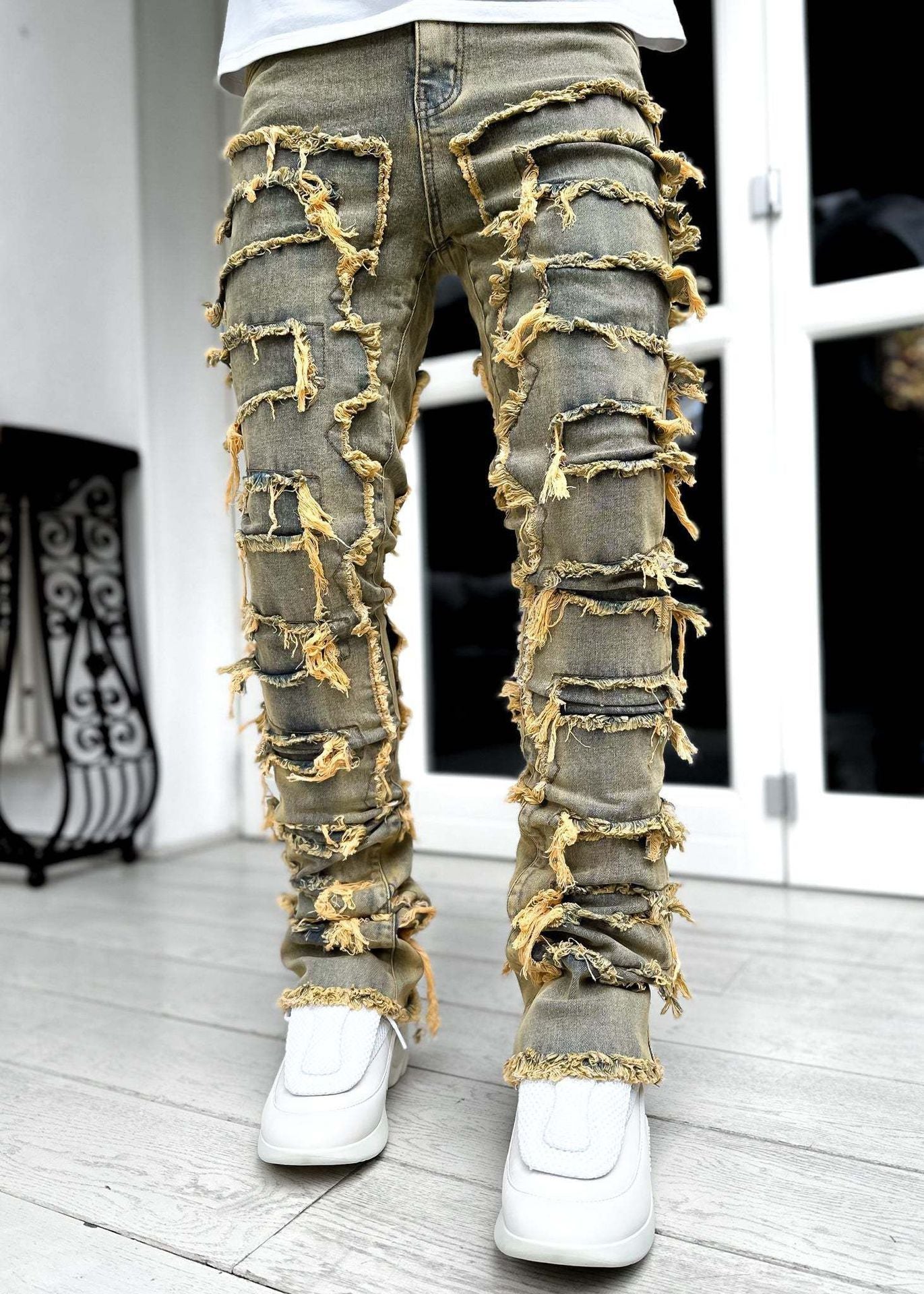 Trousers Individual Patched Pants Long Tight Fit Stacked