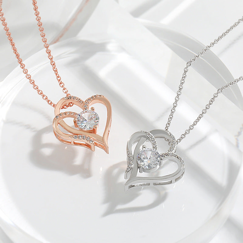 Zircon Double Love Necklace With Rhinestones Ins