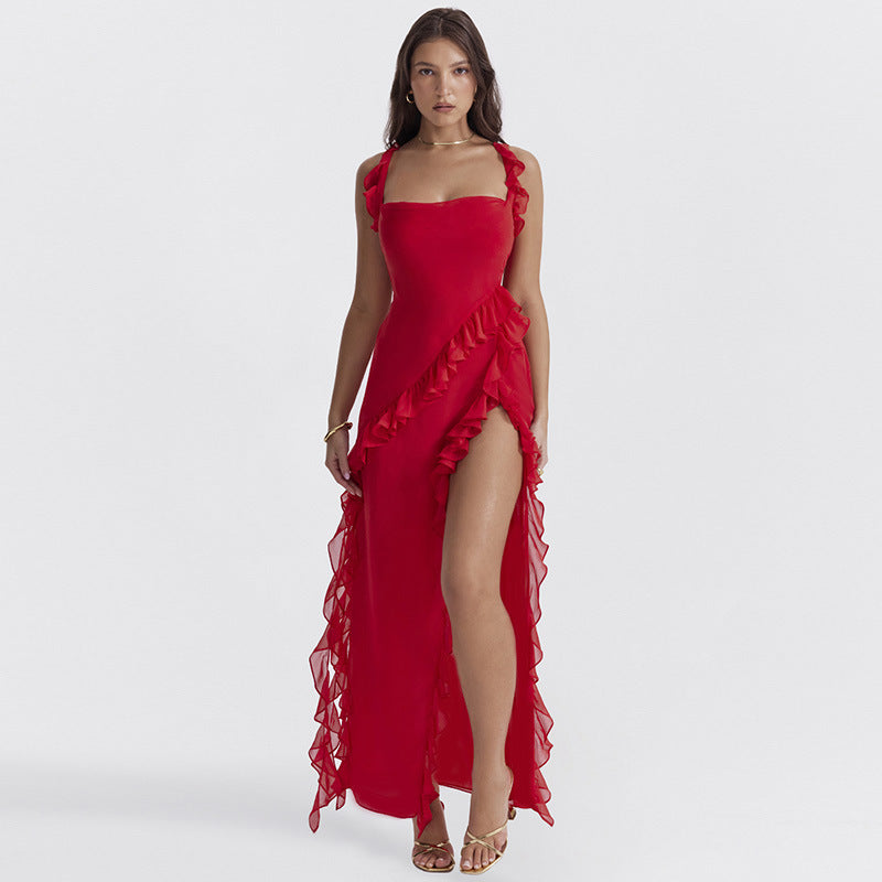 Ruffle Thigh High Split Dress Women Sexy Spaghetti Strap Square Neck Backless Suspender