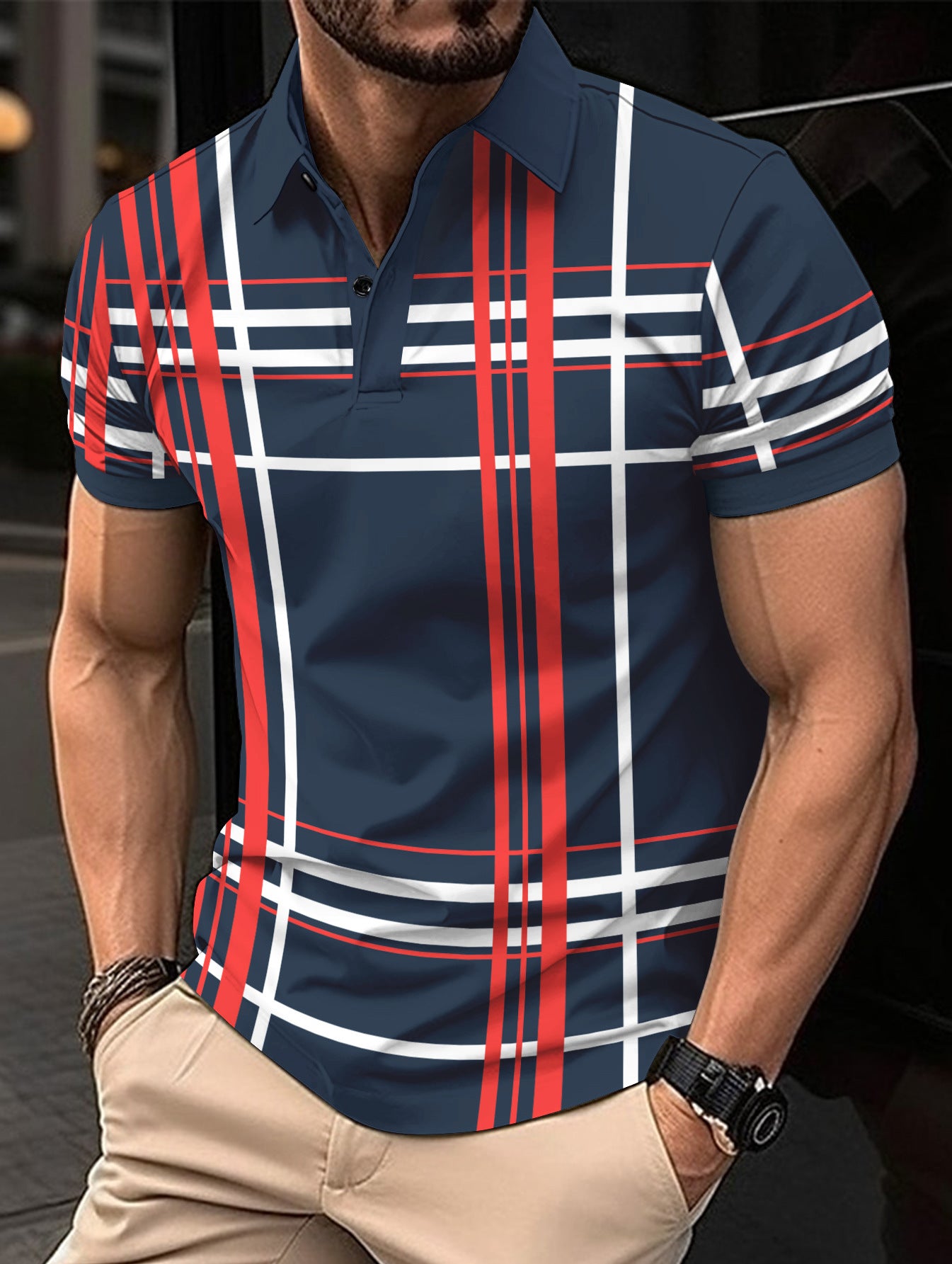 Printed Lapel Button Sport Short Sleeved Shirt