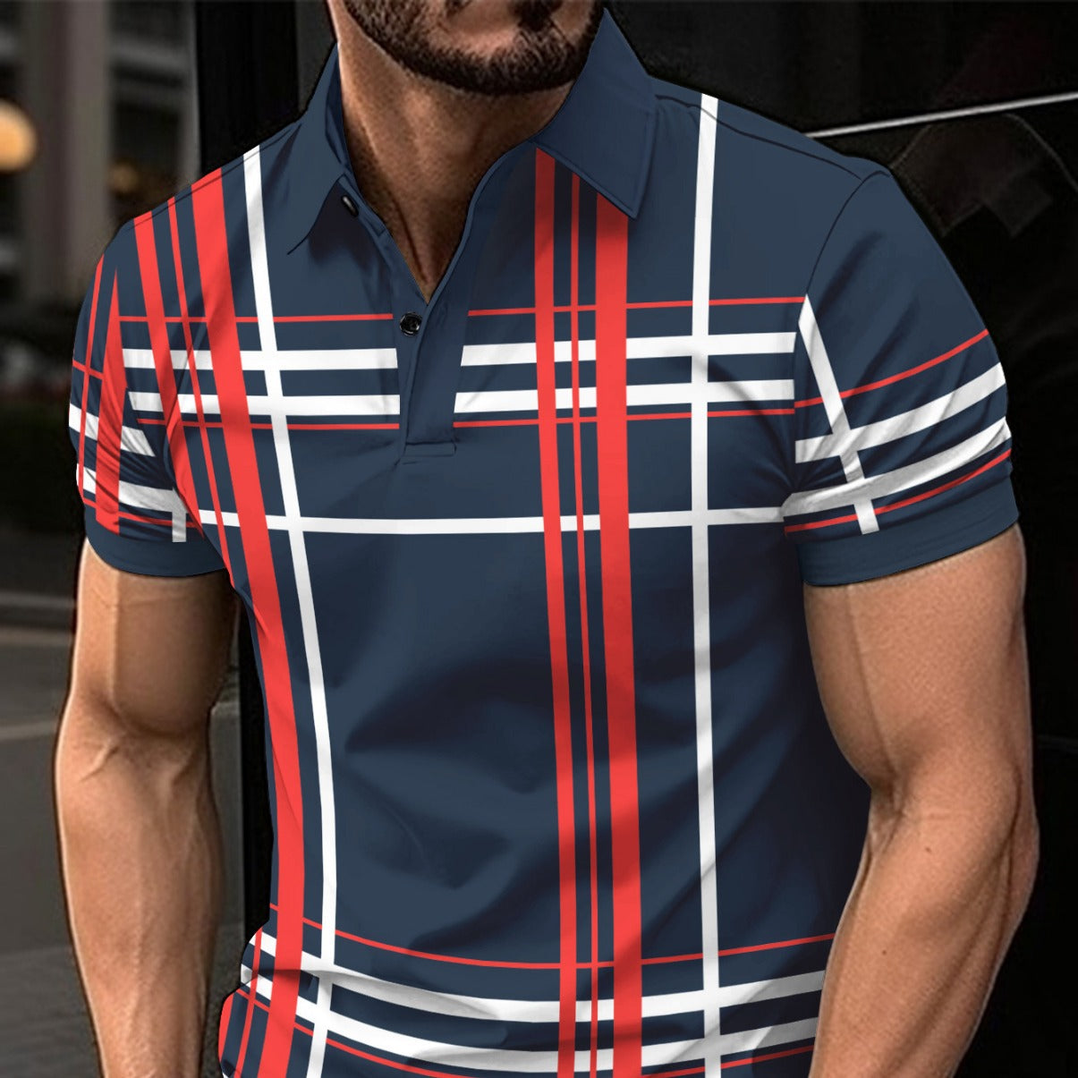 Printed Lapel Button Sport Short Sleeved Shirt