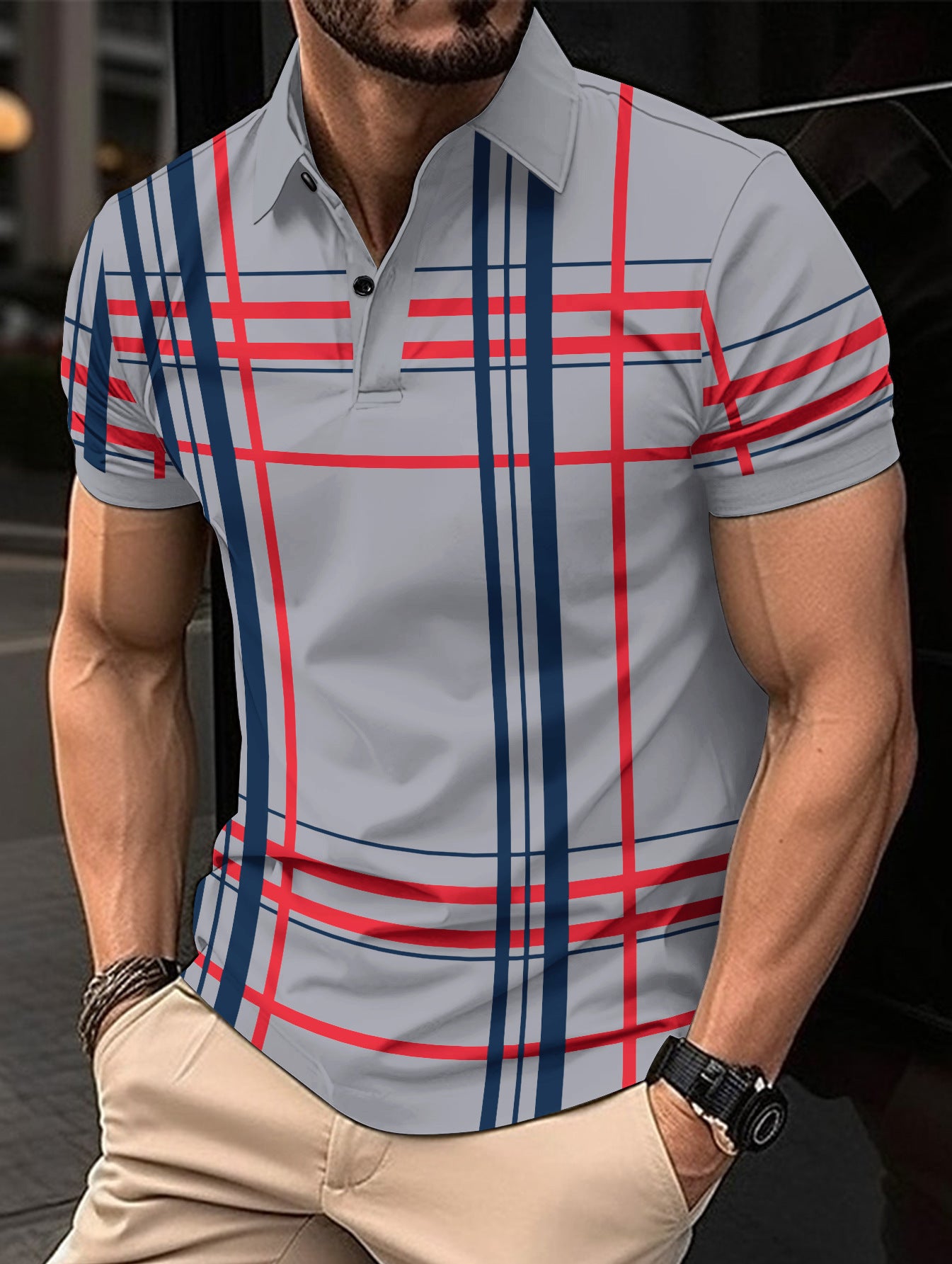 Printed Lapel Button Sport Short Sleeved Shirt