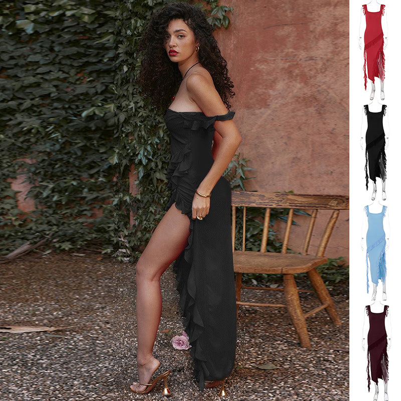 Ruffle Thigh High Split Dress Women Sexy Spaghetti Strap Square Neck Backless Suspender