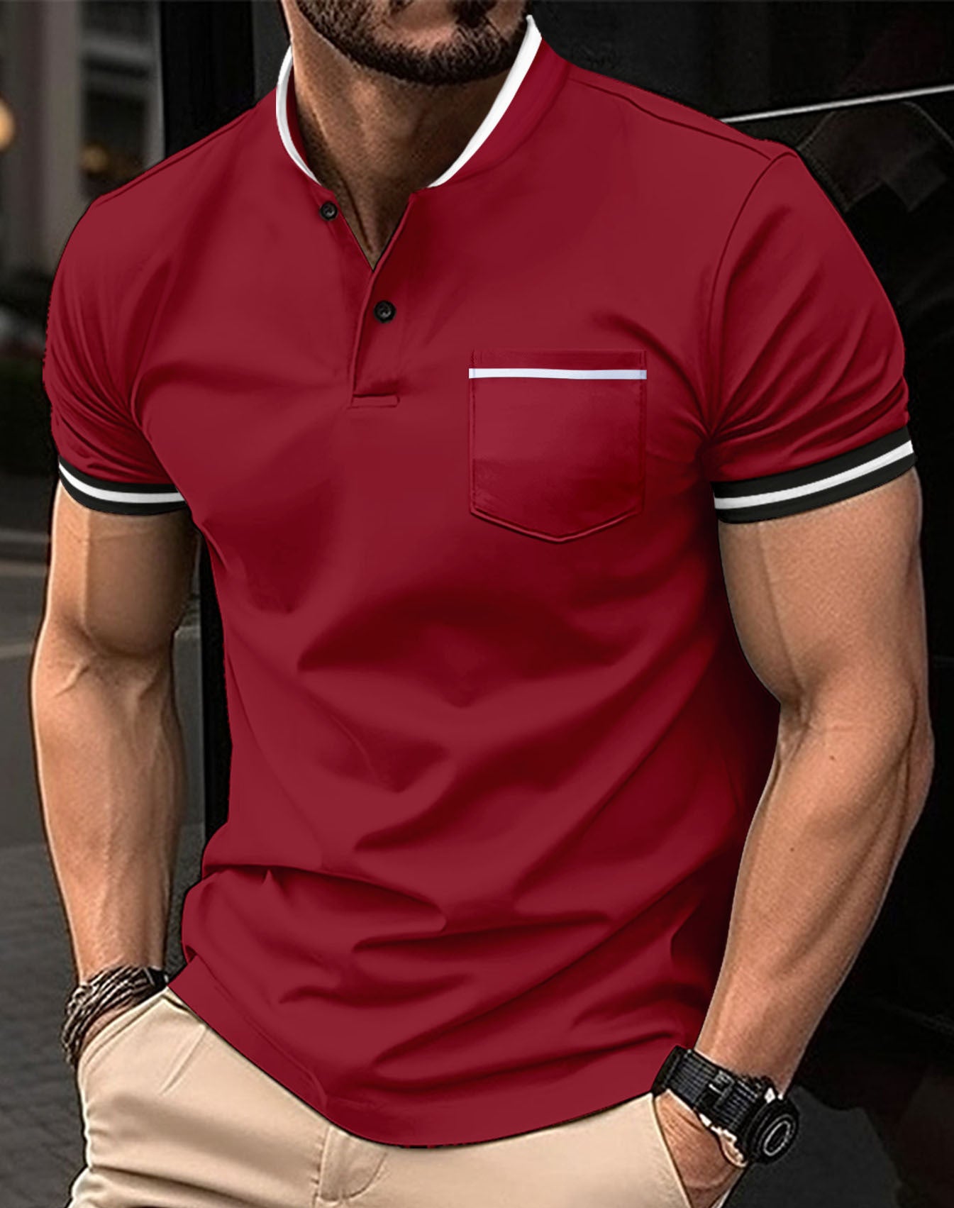 Solid Standing Collar Pocket Short Sleeved