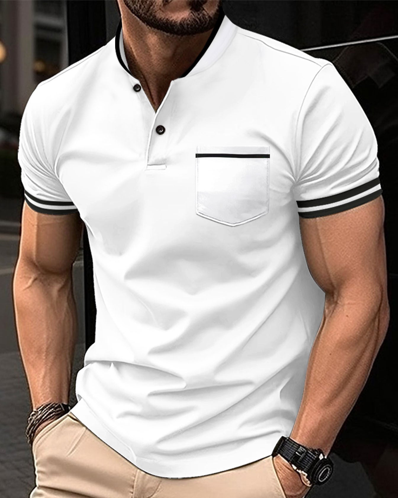 Solid Standing Collar Pocket Short Sleeved