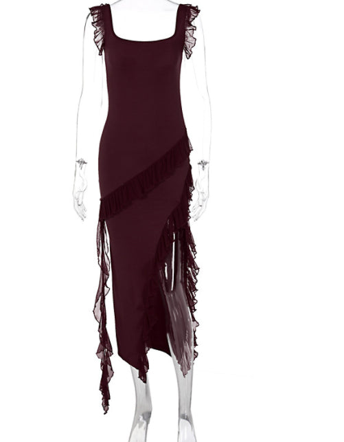 Ruffle Thigh High Split Dress Women Sexy Spaghetti Strap Square Neck Backless Suspender