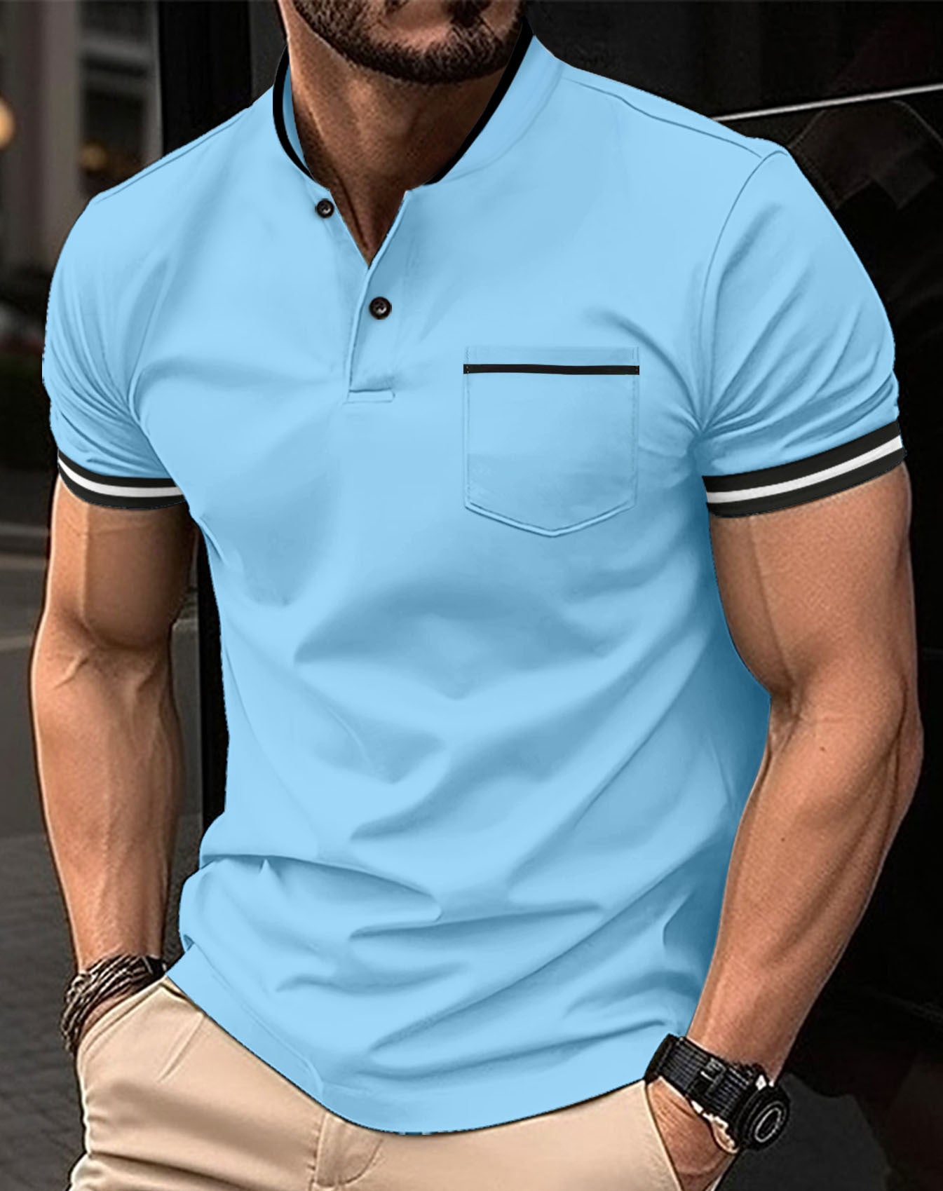 Solid Standing Collar Pocket Short Sleeved