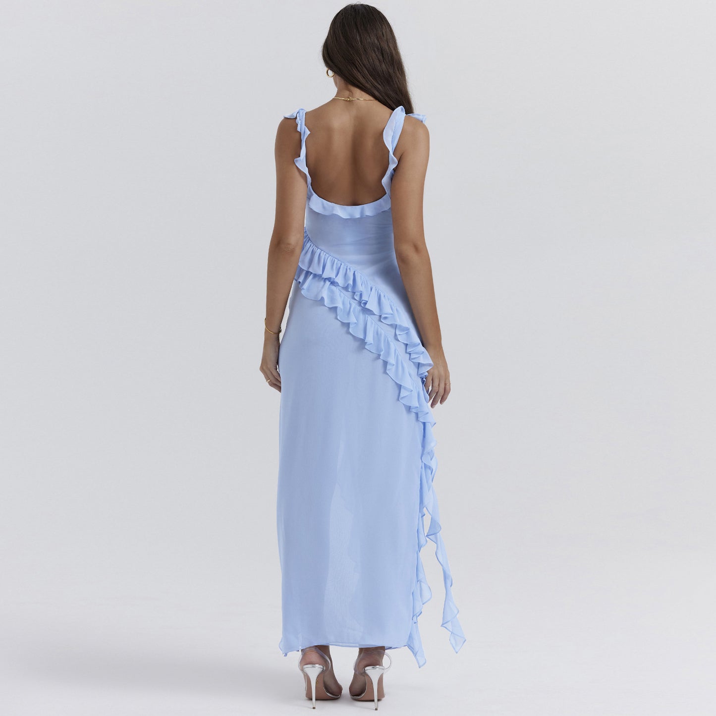 Ruffle Thigh High Split Dress Women Sexy Spaghetti Strap Square Neck Backless Suspender
