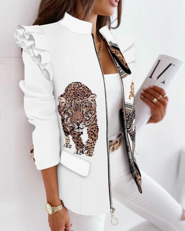 Jaqueta Leopardo Plissado Zip Ombro