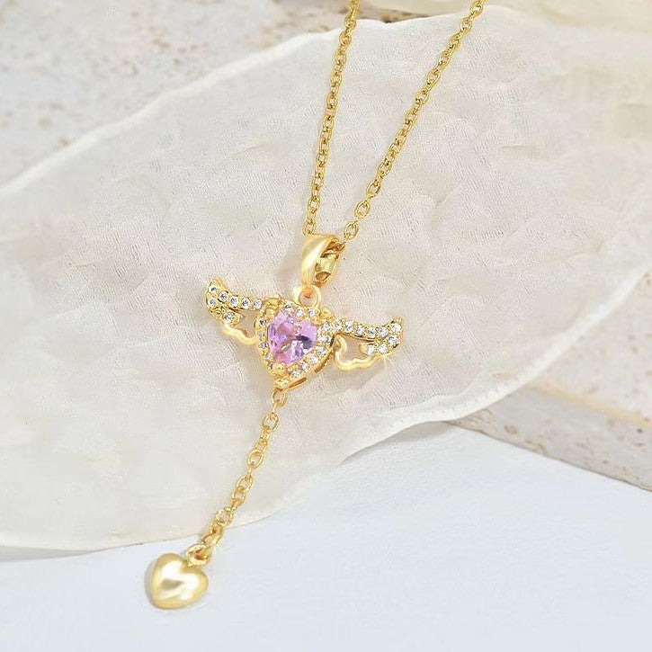 Cupid Heart Angel Wings Tassel Necklace Clavicle Chain